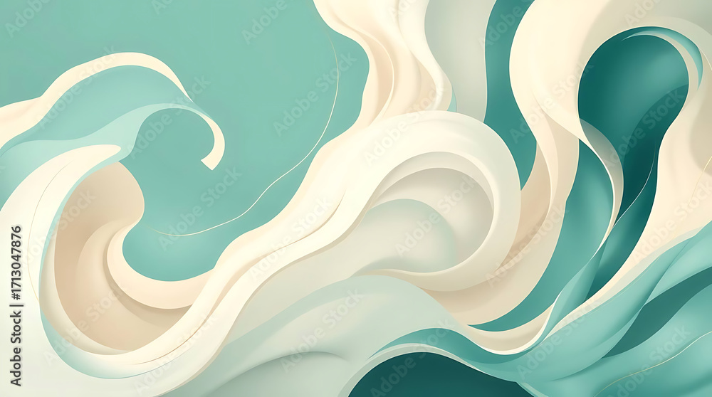 Poster abstract teal and beige wave background with smooth flowing lines and gentle curves, creating a sere