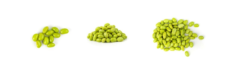 Edamame beans isolated. Green soy bean pile, cooked young soybean, boiled Japanese pea