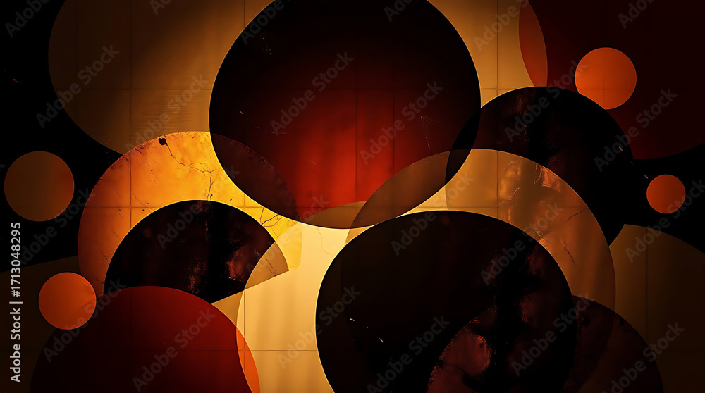 Poster abstract image of overlapping circles in dark red, brown, and orange tones, creating a vintage aesth