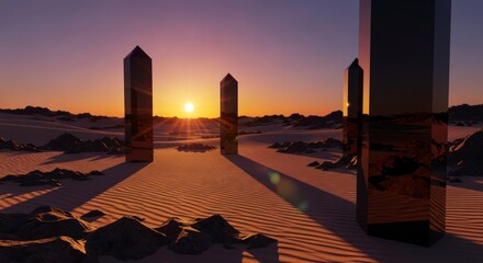 Obraz premium Mysterious Crystalline Monoliths Casting Long Shadows in a Golden Desert Sunset.