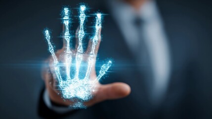 Man touching virtual hand skeleton on screen with his finger