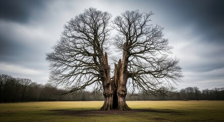 solitary, ancient tree with massive split trunk stands in winter field under stormy sky. powerful symbol of resilience, duality, and passage of time.
