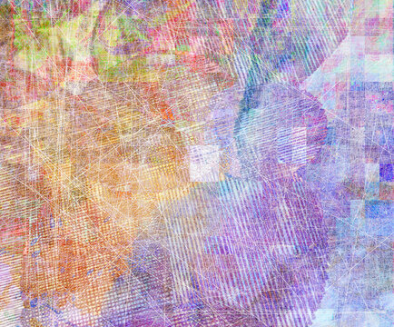 Pale pastel fields blend mauve, peach, lavender and icy blue into soft translucent layers. Fine vertical striations ripple like woven cloth, while faint rectangular grids recede beneath the surface.