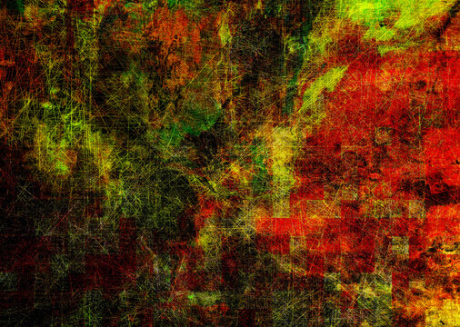 Fiery palette of orange, russet and gold dominates, broken by carbon‑black seams that cross diagonally. Subtle olive tints seep through, with sparks of citrine flashing at the edges. Textures shift