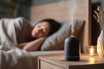 Modern black aroma diffuser steaming beside candlelight with woman sleeping peacefully in cozy minimalist bedroom