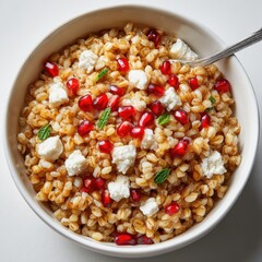 A delicious and healthy bowl of barley with pomegranate seeds and cheese. A culinary delight, combining textures and flavors, showcasing a nutritious meal. top view, white background