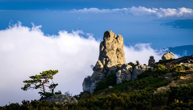 Rocky mountain peak emerging from clouds - Powered by Adobe