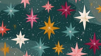 vibrant midcentury merry christmas stars pattern featuring a color palette of teal, muted cranberry, retro design, 16:9
