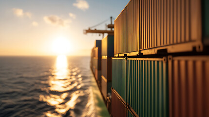 Cargo ship transporting containers at sea during sunset. Maritime logistics and global trade concept. The sun's reflection shimmers on the ocean waves.