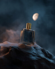 Luxury Glass Perfume Bottle with Golden Cap on Rock Under Moonlight – Premium Fragrance Mockup
