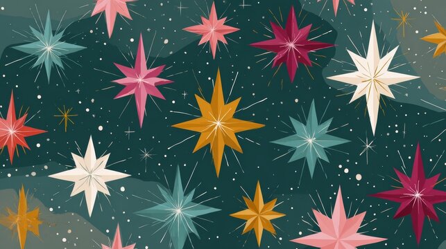 Fototapeta vibrant midcentury merry christmas stars pattern featuring a color palette of teal, muted cranberry, retro design, 16:9