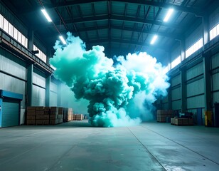 Teal smoke cloud in industrial warehouse