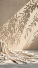 Elegant Beige Fabric On Floor With Tropical Plant Shadows Minimal Modern Interior Design Natural Light