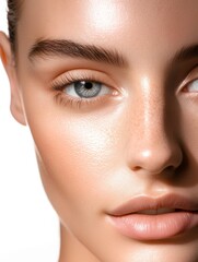 Fototapeta premium Young woman with flawless glowing skin and natural makeup. Skincare, cosmetic, dermatology concept. 