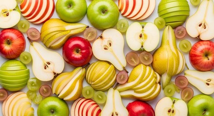 Assortment of Fresh Apples and Pears Artfully Arranged and Sliced.