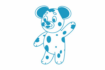 Friendly blue spotted bear waving, looking cheerful and standing upright on a white backdrop
