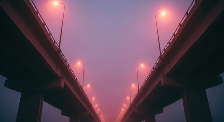 Fototapeta premium low-angle view of two parallel bridges with glowing streetlights disappearing into thick pink and purple fog. mysterious urban landscape at twilight. background, cover.