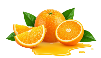 Oranges with leaves and juice splashing on transparent background