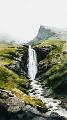 Obraz premium Misty Mountain Waterfall - Serene Digital Painting of a Cascading Stream.