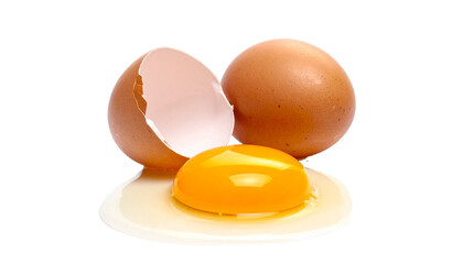 Broken egg with yolk and shell, whole egg, transparent background