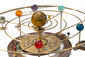 Intricate metallic orrery with colorful glossy spheres orbiting a central golden  On Transparent Background