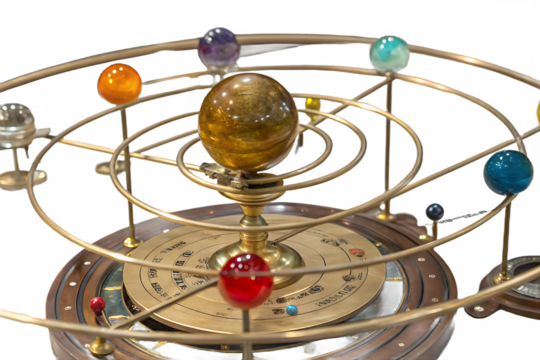 Intricate metallic orrery with colorful glossy spheres orbiting a central golden On Transparent Background