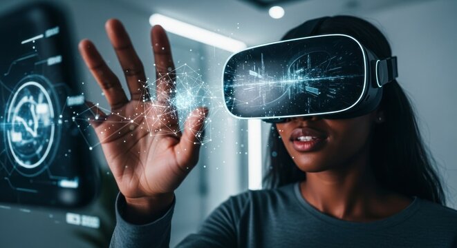Futuristic Vision - A Woman Touches a Glistening Holographic Interface in Virtual Reality.