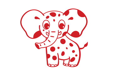 Happy cartoon elephant with red spots stands isolated on white background expressing joy