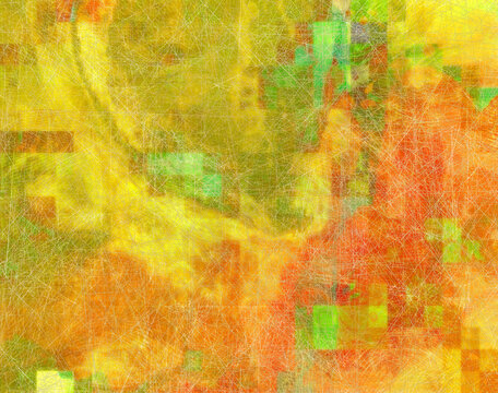 Abstract composition with mixed orange, green, and yellow tones arranged in soft rectangular forms. The surface has a patchwork quality, blending painterly brushstrokes with faint digital noise