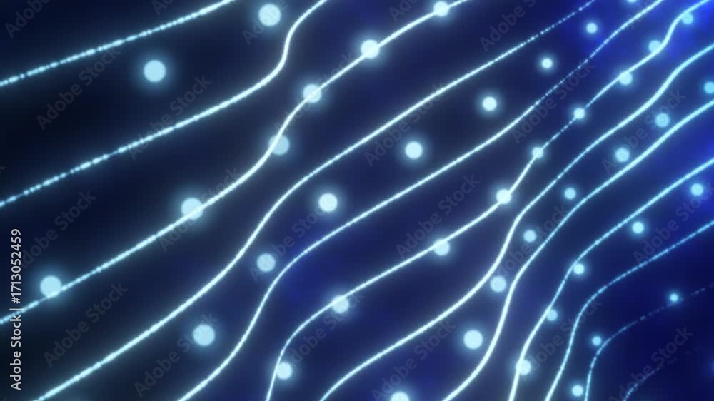 Poster abstract glowing blue grid with light nodes flowing in wave-like formation