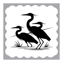 Fototapeta premium Elegant Heron Silhouette Amidst Wetland Vegetation Framed by a Decorative Border Depicting Nature's Serenity and Simple Beauty