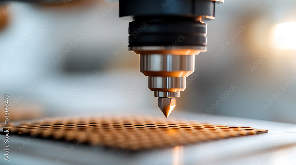 Poster close-up of an automated cnc machine drilling holes into a circuit board, highlighting precision and