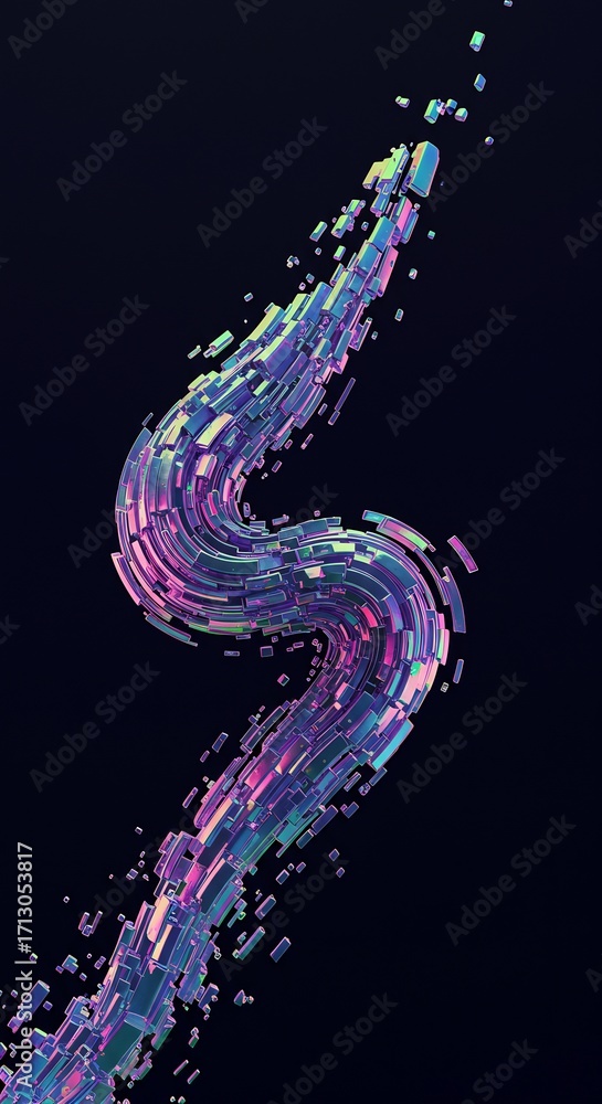 Poster a dynamic 3d illustration of a swirling wave made of holographic and iridescent particles. this futu