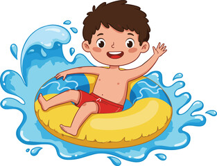 Happy cartoon boy swimming with inflatable tube, summer water fun, kid splashing in pool, holiday vacation activity, cute child illustration