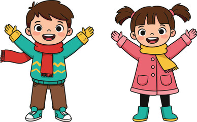 Smiling cartoon boy and girl in winter clothes, kids wearing scarf and jacket, cute children illustration, holiday season vector art