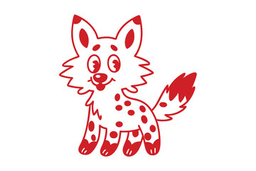 Playful canine cartoon stands grinning showing a pink tongue and dotted with bright red spots