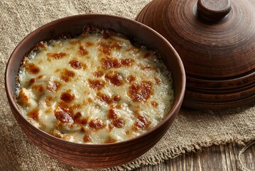 Baked cheesy dish in rustic brown bowl on wooden table