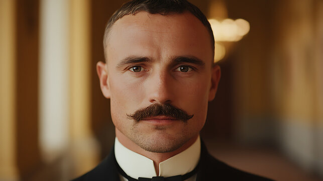 A close-up of a man with a mustache, wearing a black suit and a white dress shirt. The background is blurred, creating a soft and formal atmosphere. - Powered by Adobe