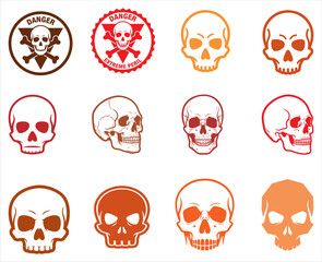 Collection of colorful danger skull icons in vector style. Vibrant skull symbols with warning, toxic, and hazard themes. Perfect for stickers, posters, tattoo design, and graphic projects.