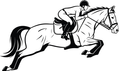 Black and white vector of horse and rider mid-jump for equestrian sports, athletic motion, and silhouette design themes.