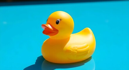 Yellow rubber duck in bright blue water, shadow below. Sunny atmosphere. Playful theme. Bright colors evoke fun & childhood vibes. AI Generated.
