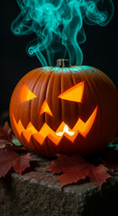 Lit jack-o'-lantern with teal smoke, resting on stone with autumn leaves, showcasing Halloween theme, spooky and atmospheric