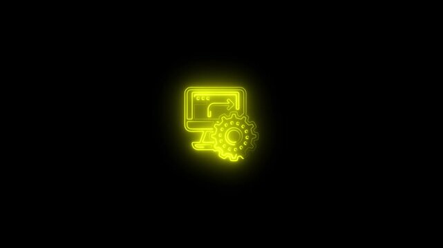Neon yellow computer icon with gear on black background cogwheel technology ,4k video .