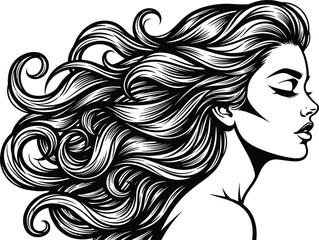 Black and white vector of woman’s profile with flowing hair and serene expression for beauty, fashion, and artistic design themes.