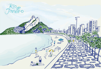 Rio De Janeiro Brazil hand drawn vector art,  Copacabana Rio beach watercolor vector, Rio summer beach artwork for poster, calendar, t shirt, graphic print 