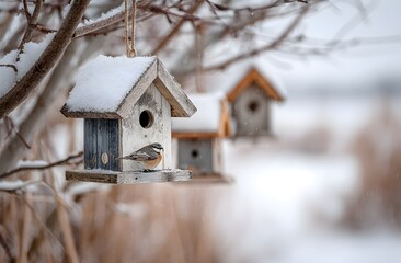 Birdhouses in the Snow: Colorful birdhouses with snow on their roofs, , capturing a peaceful winter scene with soft snowfall in the background.