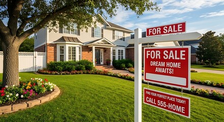 House For Sale Sign in Front Yard.