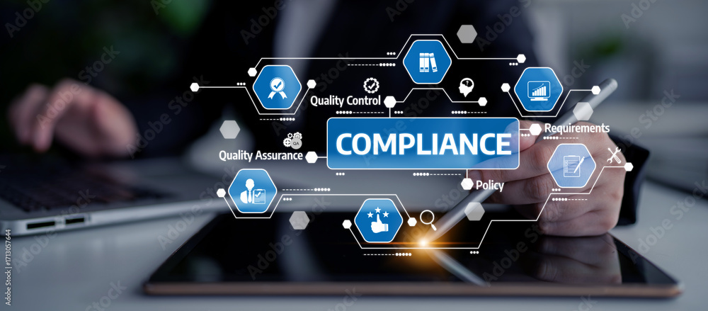 Poster conceptual image showcasing the importance of compliance in quality control and assurance in busines