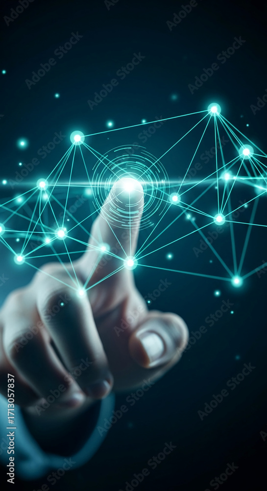 Poster finger interacts with teal network graphic, nodes and lines showing connection, symbolizing digital 