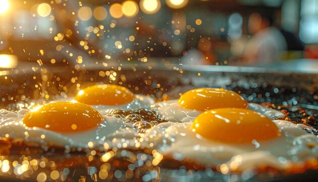 A close-up side profile view of eggs frying in a hot pan at a fast food restaurant, golden yolks and crispy edges captured with bokeh background, cinematic focus on sizzling breakfast perfection